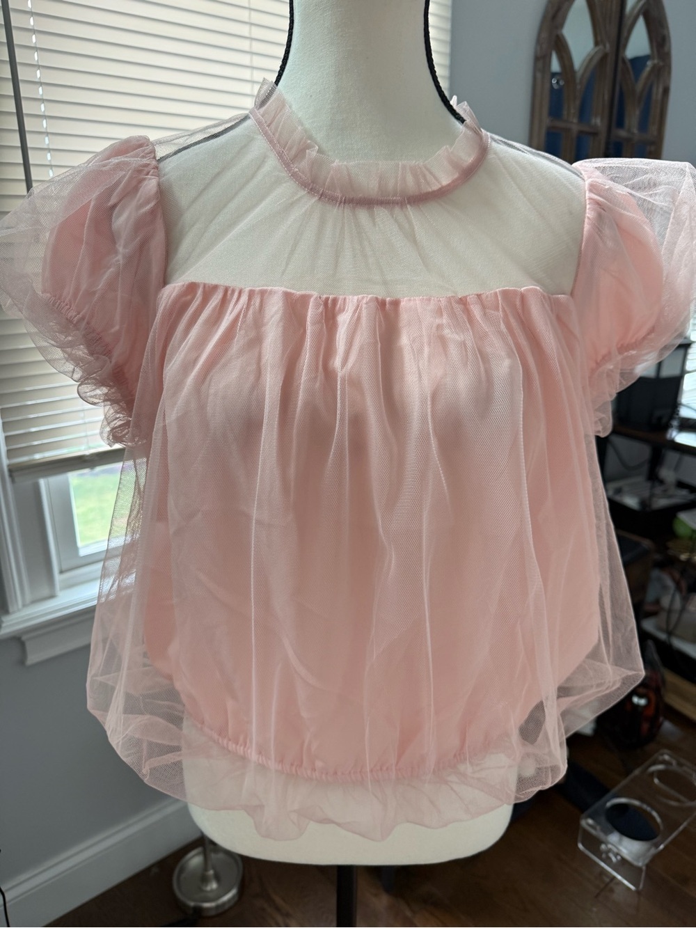 Sheer Pink Tulle Puff-Sleeve Blouse Size Large BNWT
